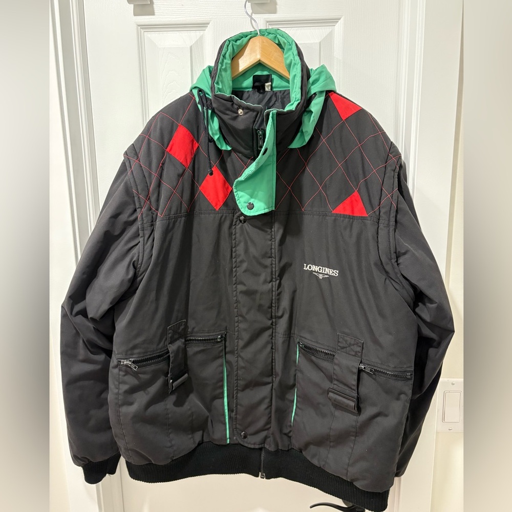 Vintage Longines Black and Green Men's Jacket Puffer / Vest convertible RARE